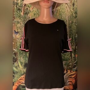 Tommy Hilfiger Black Tee with Red and White Sleeves NWT